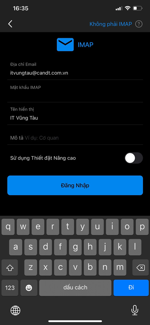 Điền đầy đủ thông tin mail cá nhân của mình vào rồi chọn Sử dụng Thiết đặt Nâng cao.