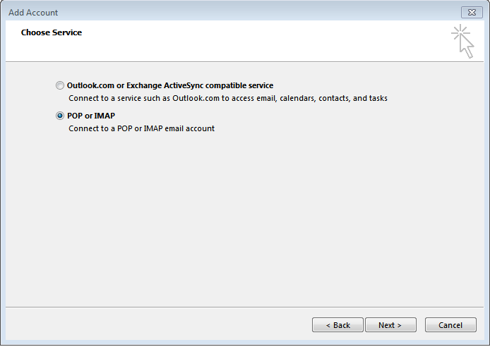 Nhấn Next để tiếp tục, kích chọn POP or IMAP và nhấn Next:
