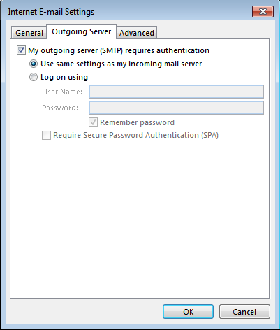 nhấp chuột chọn Outgoing Server và tích chọn vào ô “My outging server (SMTP)…”